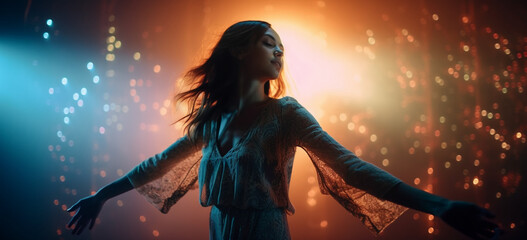 Image Generated AI. Young adult woman dancing in a night club, Generative AI