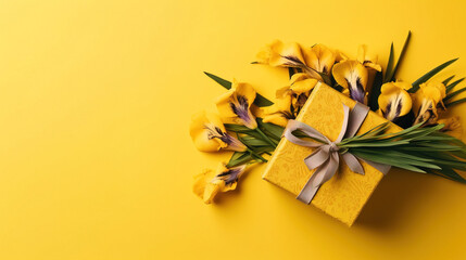 bouquet of tulips, copy Space, top View, yellow background
