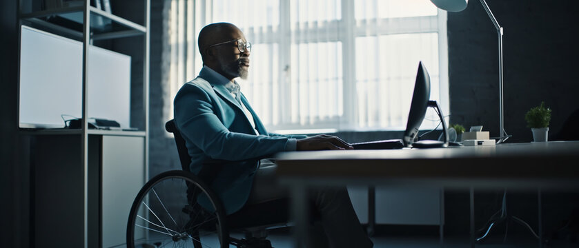 Image Generated AI. Disabled afro businessman working on lap top, Generative AI