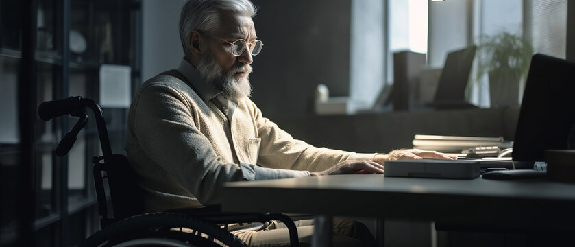 Image Generated AI. Disabled mid age businessman working on lap top, Generative AI