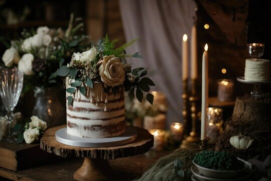 Rustic Chic Cake With Woodsy And Natural Elements Wedding Cake On A Table In A Decorated Room. Generative AI