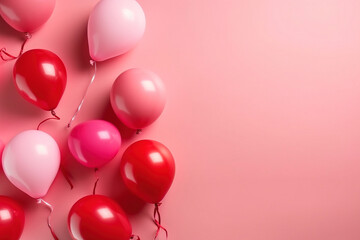 red balloons in the shape of heart, red background, copy Space, top View