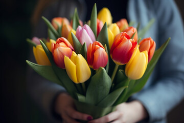 Bunch of tulips in woman's hands, shallow dof