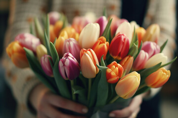 Bunch of tulips in woman's hands, shallow dof