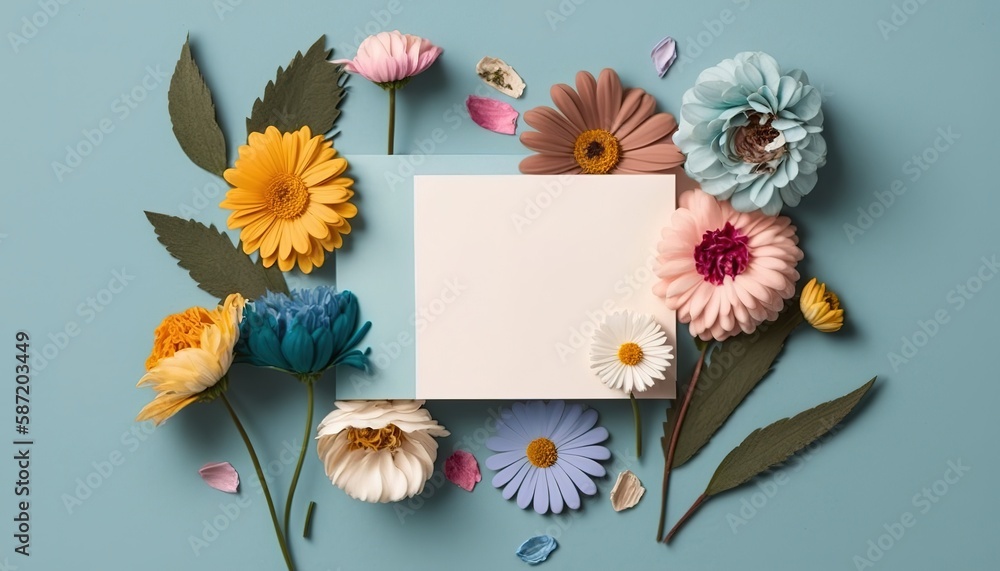 Poster multicolored floral flat lay with copy space generative ai
