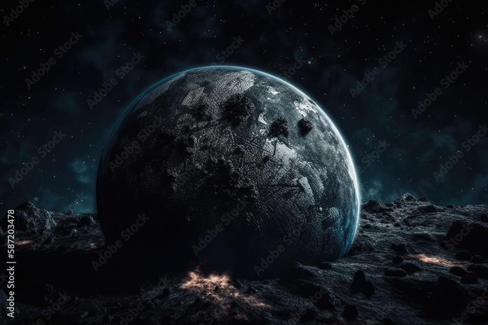 Poster a cratered stone planet in outer space. planet having a solid surface that is dark. generative ai