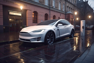 Obraz premium electric vehicle at a charging station in the city. All items in the scene are 3D, charging station and concept cars are not based on any real ones