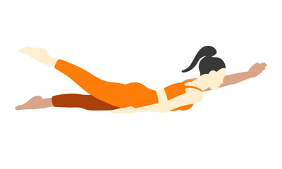 Flexibility yoga pose. Asian female, lady, woman, girl. Meditation, pilates, mental health, training, sport, gym. Vector illustration in cartoon flat style isolated on white background.