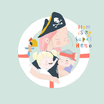 Cute Mother Pirate hugging Her Kids. Happy Mother s day