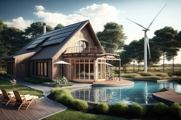 Fototapeta na wymiar Wind Turbines Near A TwoStory House With Solar Panels. Generative AI