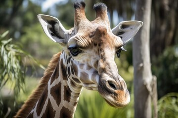 Fototapeta premium Amazing zoo. New Zealand's Auckland. A giraffe. The zoo is crucial for the preservation of the animal kingdom. Active, environmentally conscious, and educational tourism. Generative AI