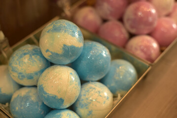 Multi-colored bath bombs. Bathing products