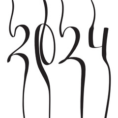 Handwriting 2024 square composition. Line art hand drawn illustration.