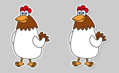 Set of two stickers of farm hens white and brown on gray background