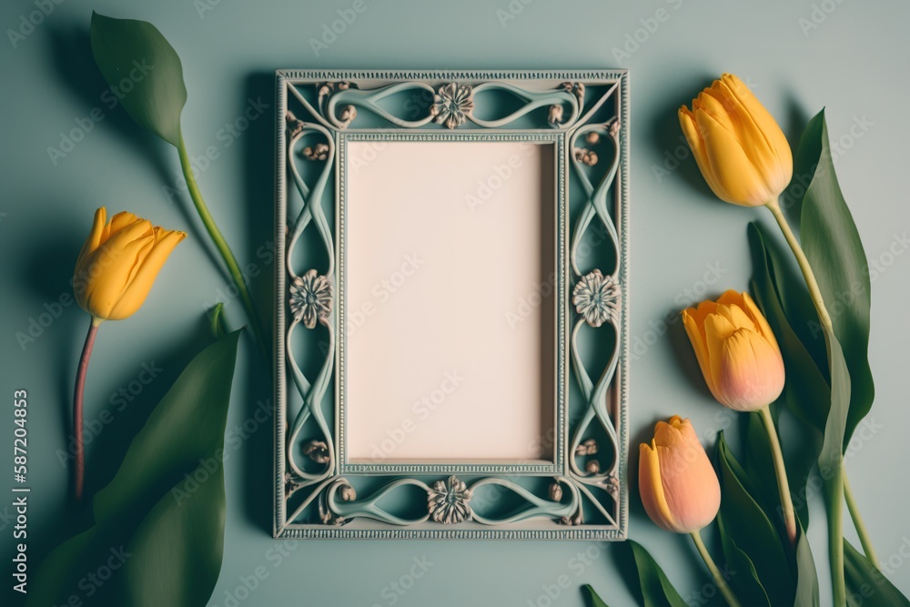 Aufkleber tulips and a flat lay frame on a table generative ai