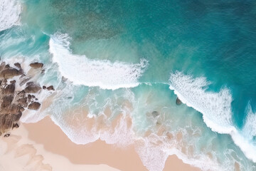 drone view of beach with waves and turquoise water