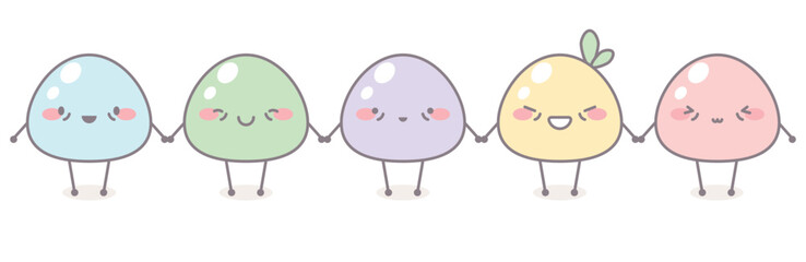 Cute mochi set. Cartoon character with kawaii face, japanese dessert. Japanese mochi rice dessert. Set of sweets