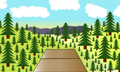 Natural Landscape Illustration of Hills and Pine Trees with cloudy evening sky. landscape with trees. landscape with trees and mountains. landscape with trees and hills.