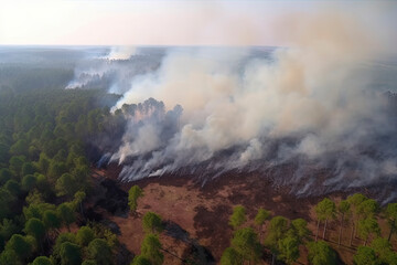 A strip of Dry Grass sets Fire to Trees in dry Forest: Forest fire - Aerial drone top view