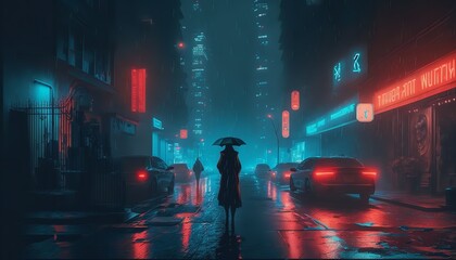 Future metropolis with dystopian nighttime art, illustrated cyberpunk sidewalks, 4K wallpaper. Rainy, gloomy, and empty tomorrow. Generative Ai.