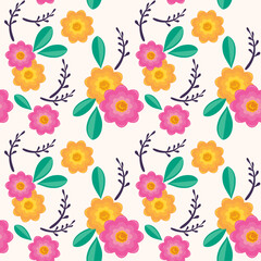 Colorful floral seamless vector background, pink and yellow flowers with green leaves and twigs, print for fabric, textile, wallpaper, packaging decoration.