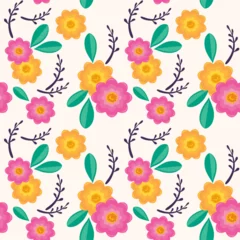 Foto op Plexiglas anti-reflex Colorful floral seamless vector background, pink and yellow flowers with green leaves and twigs, print for fabric, textile, wallpaper, packaging decoration. © Tatiana