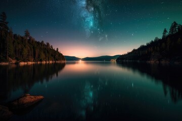 Lake over sunset. Generative AI.