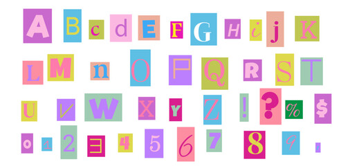 Anonymous colorful letters cut from magazines. Clipping alphabet in y2k style. Social media, web design. Poster, banner, greeting card. Cute vector illustration isolated on white background