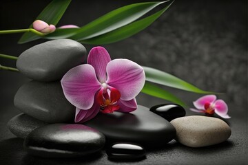 Fototapeta na wymiar Zen Spa Stones With Pink Orchid And Bamboo. Generative AI