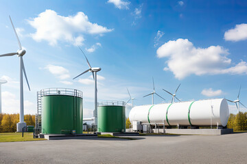 Obraz premium Green Hydrogen renewable energy production facility - green hydrogen gas for clean electricity solar and windturbine facility