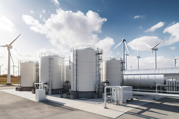 Obraz premium Green Hydrogen renewable energy production facility - green hydrogen gas for clean electricity solar and windturbine facility