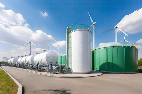 Green Hydrogen Renewable Energy Production Facility - Green Hydrogen Gas For Clean Electricity Solar And Windturbine Facility