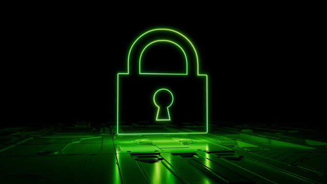 Green neon light lock icon. Vibrant colored Security technology symbol, on a black background with high tech floor. 3D Render