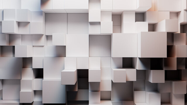 Perfectly Aligned Multisized Block Wall. White and Grey, Innovative Tech Wallpaper. 3D Render.