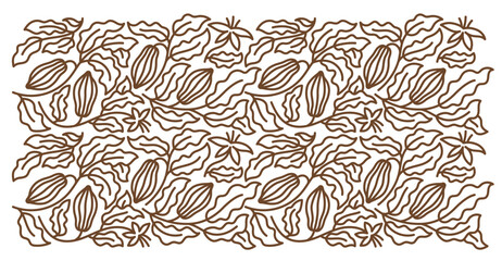 Cocoa background. Chocolate pack design element. Floral ornament. Beans and branches leaves. Editable outline stroke. Vector line.