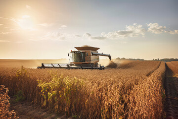 Harvesting of soybean field with combine.Generative AI