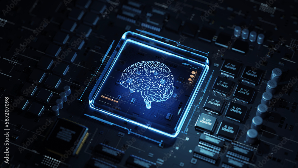 Poster 3d rendering of cpu on main board with digital circuit human brain shape and sci fi futuristic eleme