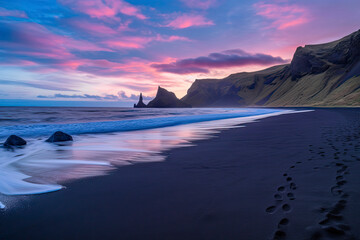 View of Seastacks in Vik, Icleand the most famous black sand beach - obrazy, fototapety, plakaty