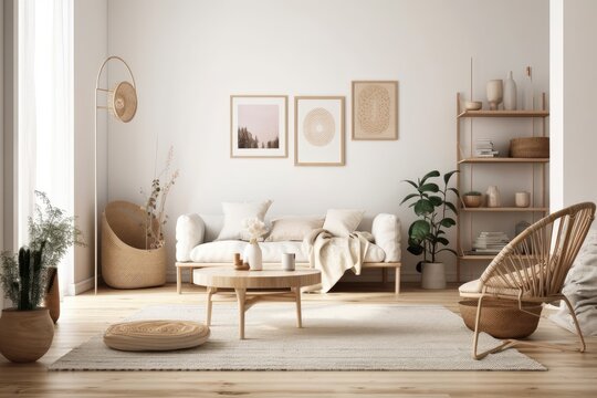 White living room wall. Boho interior mockup. Free copy space for your image, text, or design. Chairs, table. Generative AI