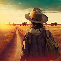 person walking wearing cowboy hat countryside sunrise. Generative ai
