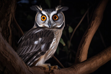 A white faced scops owl in a tree staring with large orange eyes, generative AI