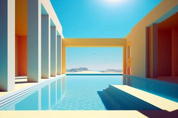 Beautiful and relaxing swimming pool with contemporary architecture on sunny day. Genera