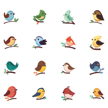 Different Types of Birds Sitting On Branch Icon In Flat Style.