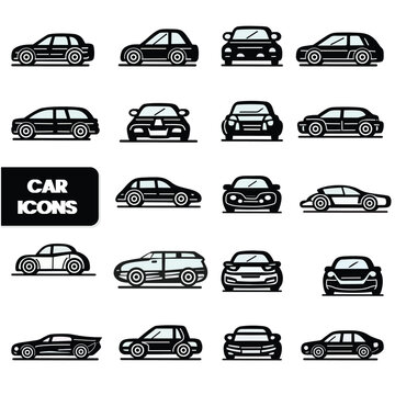 Various Types of Car Icon In Black And White Color.