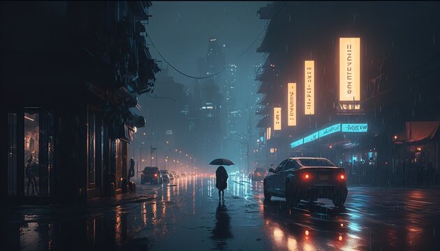 Future metropolis with dystopian nighttime art, illustrated cyberpunk sidewalks, 4K wallpaper. Rainy, gloomy, and empty tomorrow. Generative Ai.