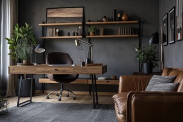Modern freelancing home office decor. Brown detail wall, grey couch, wood table, black chair laptop decor. Generative AI
