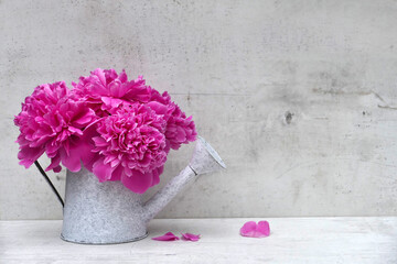 Strauß rosa Pfingstrosen in einer Vase vor hellem Hintergrund mit Platz für Text.