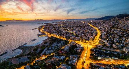 Panoramic aerial view of the Athens Riviera coastline with Voula suburb and Vouliagmenis street...