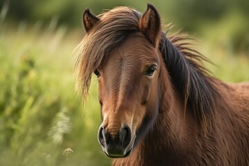 pony image, brown pony with long hair chewing green grass. Generative AI