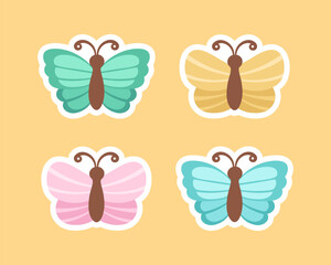 Cute butterfly stickers illustration set. Pretty vector butterflies with spring and summer colors for kids.